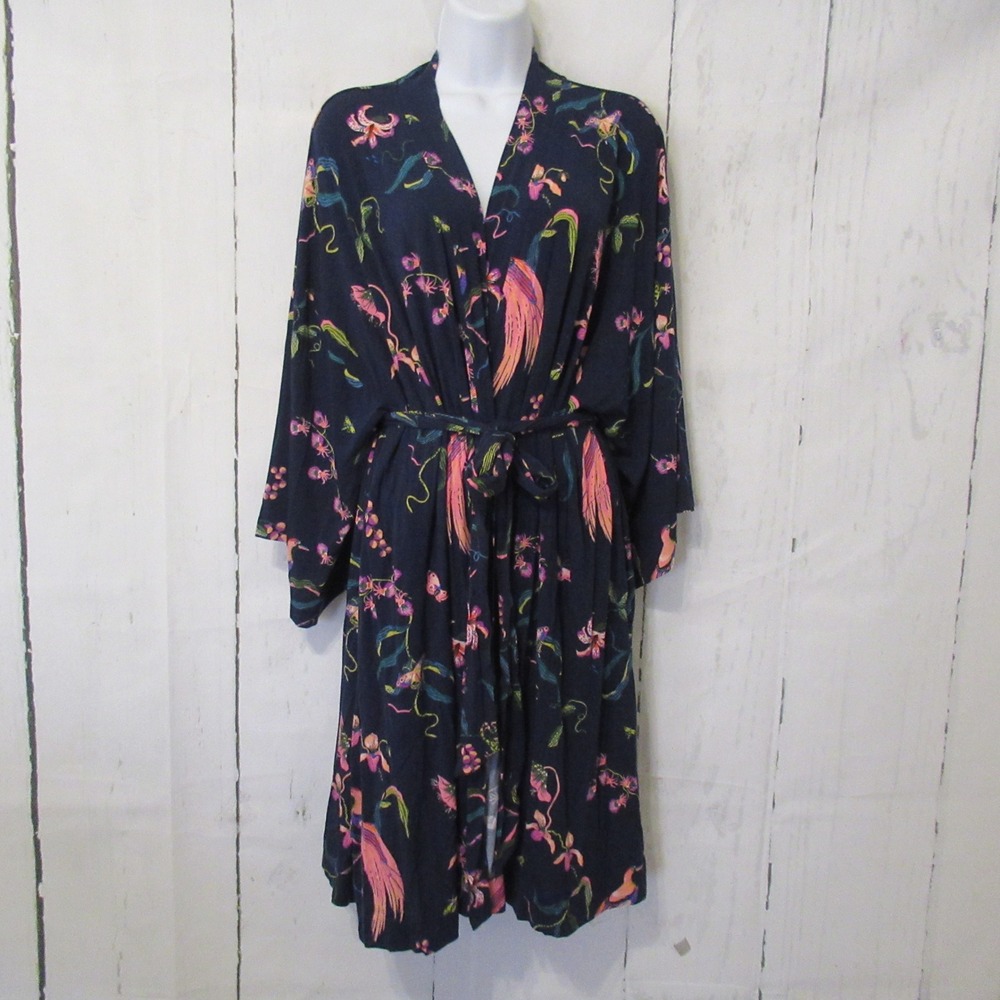 Soma Cool Nights Bath Robe L XL Blue Floral Bird Kimono Soft Cozy